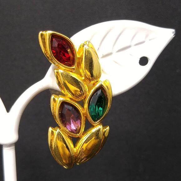 Vintage Swarovski Leaf Earrings, Gold Plated Red Green Purple Rhinestones, 1990s - Picture 4 of 10